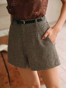 Anewsta 女士优雅现代时尚千鸟格短裤，适合冬季通勤 - 杏色 - 查看 5