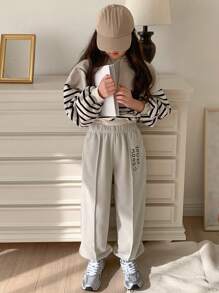 DAZY Tween Girl 字母印花口袋简约运动裤，日常休闲装 - 米色 - 查看 2