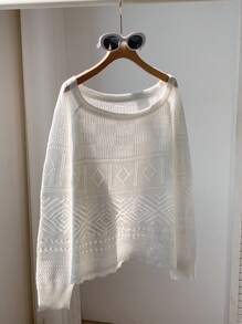 SHEIN EZwear Women Loose Hollow Out White Knitted Jacquard Off Shoulder Sweater, Casual For Autumn/Winter - White - View 10