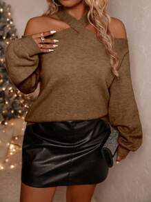 SHEIN Clasi Suéter de punto casual de manga larga con hombros abiertos para mujer de talla grande, suéter de punto de otoño/invierno