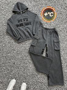 SHEIN Teen Boys 2pcs Casual Sports Street Comfortable Versatile Warm Super High Cost-Effective Loose Casual Hooded Gothic Monogrammed Center Open Hooded Sweatshirt Sweatpants Two Sets Homecoming; Renaissance; Fall Outfits - Grey - View 1