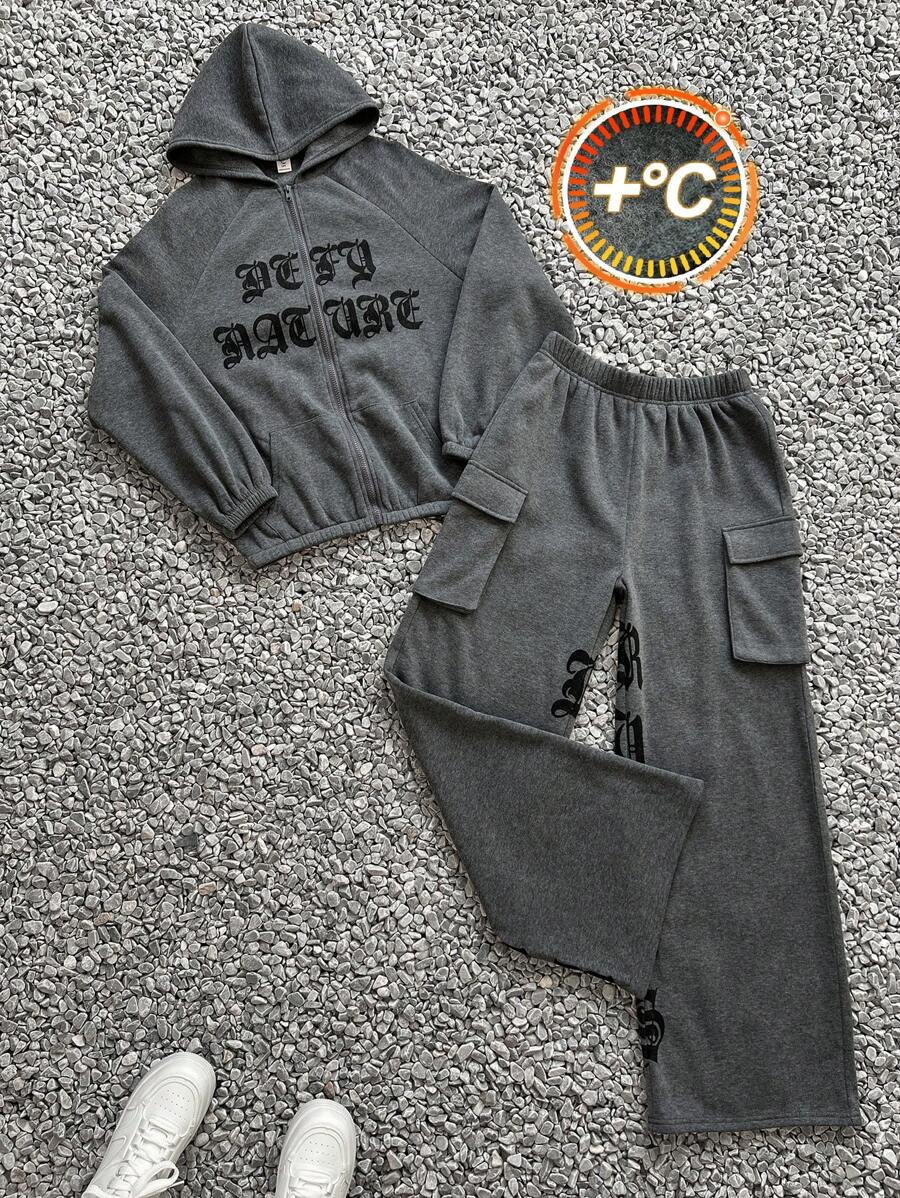 SHEIN Teen Boys 2pcs Casual Sports Street Comfortable Versatile Warm Super High Cost-Effective Loose Casual Hooded Gothic Monogrammed Center Open Hooded Sweatshirt Sweatpants Two Sets Homecoming; Renaissance; Fall Outfits - Grey - View 1