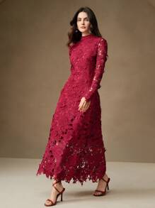 Anewsta Váy ren khoét sâu tay dài màu trắng cho nữ - Màu Đỏ Sâu - Xem 7