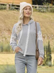 LanaWest Women's Autumn Patchwork Striped Long Sleeve Hooded Loose Casual Sweatshirt Pullover Fall - White - View 3