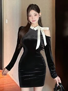 DAZY Women Bowknot Strap Bodycon Mini Dress Elegant,Fall Dress Long Sleeve Dress