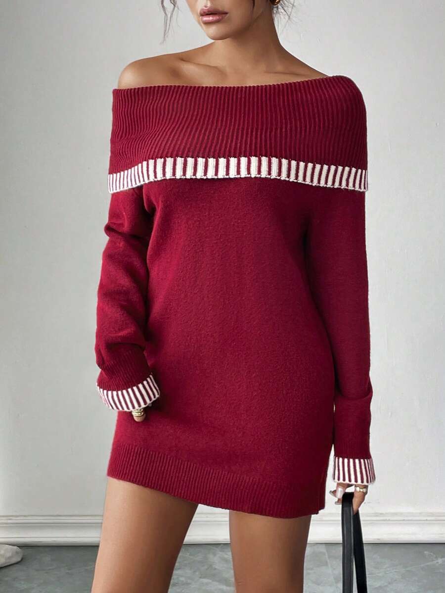 Chiquease Robe pull ample et décontractée à épaules dénudées, couleur unie, style sexy