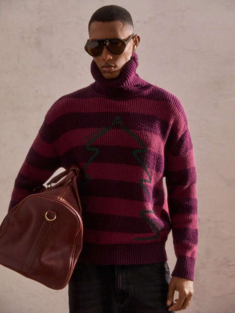 Maglione natalizio da uomo a righe rosse e contrasto di colore, maglia casual oversize a spalle cadenti, adatto per Natale e Capodanno, con motivo ad albero di Natale e auguri natalizi, per l'autunno e l'inverno