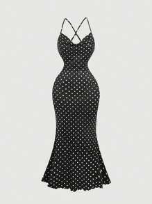 SHEIN MOD Vestido con cuello drapeado y estampado de lunares para mujeres, ropa de otoño, vestido de mujer para Año Nuevo, vestido de baile de máscaras, vestido de mujer, vestidos elegantes de mujer - Negro - Ver 1