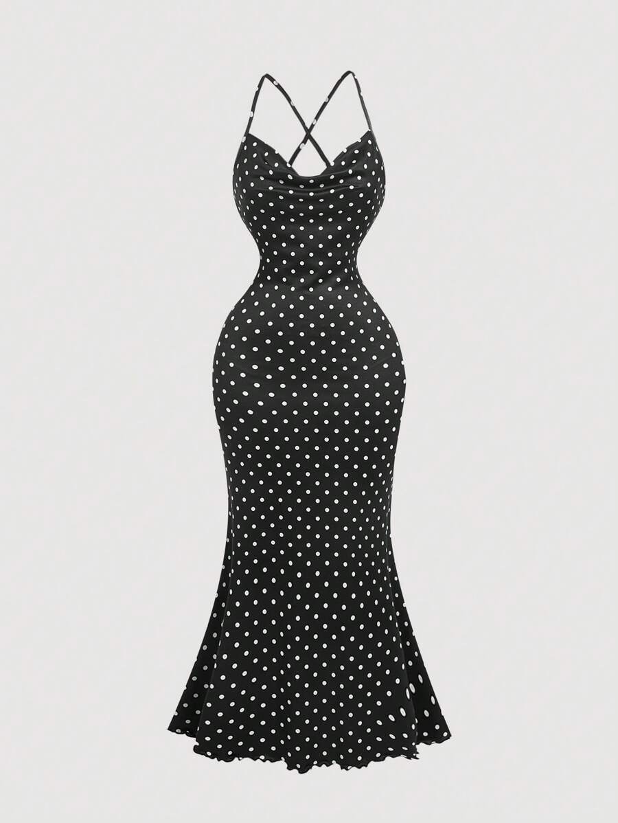 SHEIN MOD Vestido con cuello drapeado y estampado de lunares para mujeres, ropa de otoño, vestido de mujer para Año Nuevo, vestido de baile de máscaras, vestido de mujer, vestidos elegantes de mujer - Negro - Ver 1