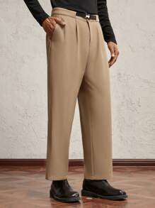 AKNOTIC Business Casual Men's Khaki Woven Relaxed Fit Mid-Rise Straight Leg Casual Pants With Metal Buckle Belt, Plain Work Long Baggy Slacks Pants, For Husband, Boyfriend Gifts