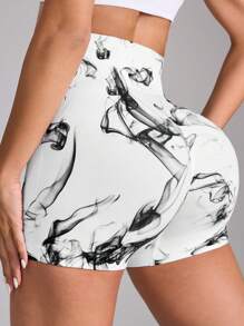 SHEIN Allover Print Seamless High Waist Tight Sports Shorts For Summer - Multicolor - View 1