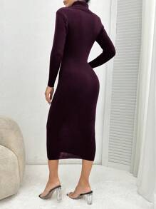 SHEIN PETITE 高领罗纹针织毛衣连衣裙纯色修身版型 - 米色 - 查看 2