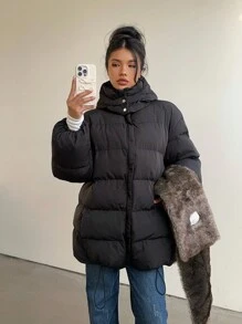 Aloruh 女士时尚厚连帽棉质中长外套，黑色 - 黑色 - 查看 1