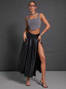 Hauture 1pc Women Solid High Waist Pleated Side Slit Maxi Skirt - Black - View 5