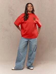 MISSGUIDED Logo Branding Patch Front Polo Neck Dropped Sleeve Oversized T-Shirt - Red - View 4