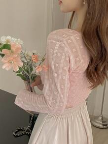 DAZY Women's Front Tie Sheer Textured Long Sleeve Lace Cardigan T-Shirt,Fall Women Clothes - Pink - View 4