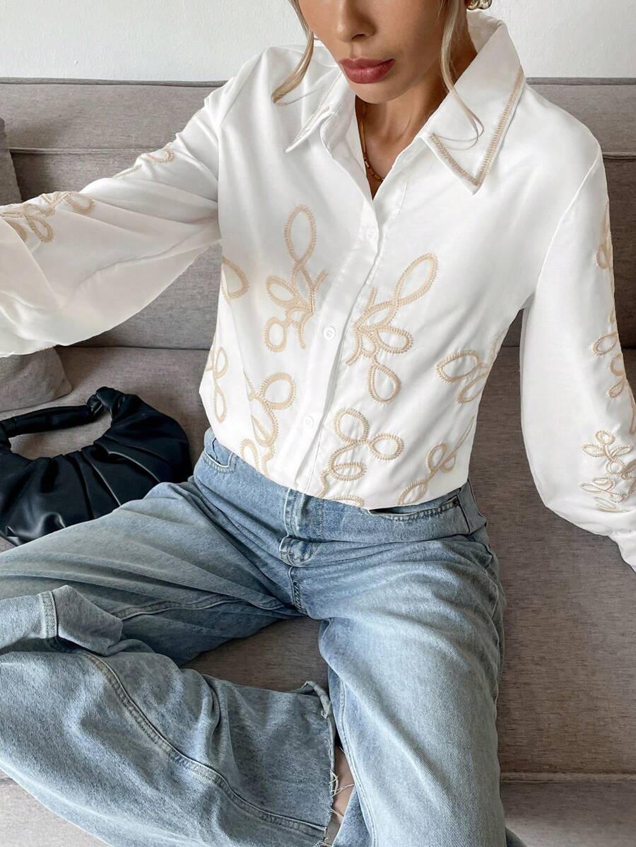 SHEIN Frenchy Damen Langarm Hemd mit Knopfleiste, minimalistischem Muster und Details, Lässig - Weiss - Übersicht 1