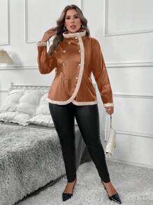 SHEIN Clasi 大码女式冬季保暖内衬皮夹克 - 棕色 - 查看 5