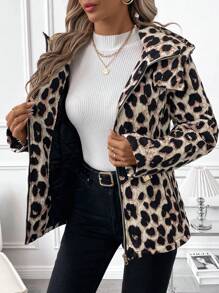 SHEIN Clasi Women's Leopard Print Thickened Lined Hooded Winter Parka Jacket, Waist-Cinched With Metal Buckle Decoration, Elegant - Multicolor - View 7