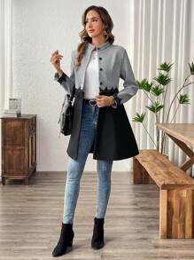 EMERY ROSE 女士优雅连衣裙，配色块荷叶边细节、口袋，秋冬款 - 灰色 - 查看 4