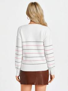 SHEIN LUNE Jersey de mujer de cuello en V a rayas de manga larga, cálido, de invierno - Blanco - Ver 6
