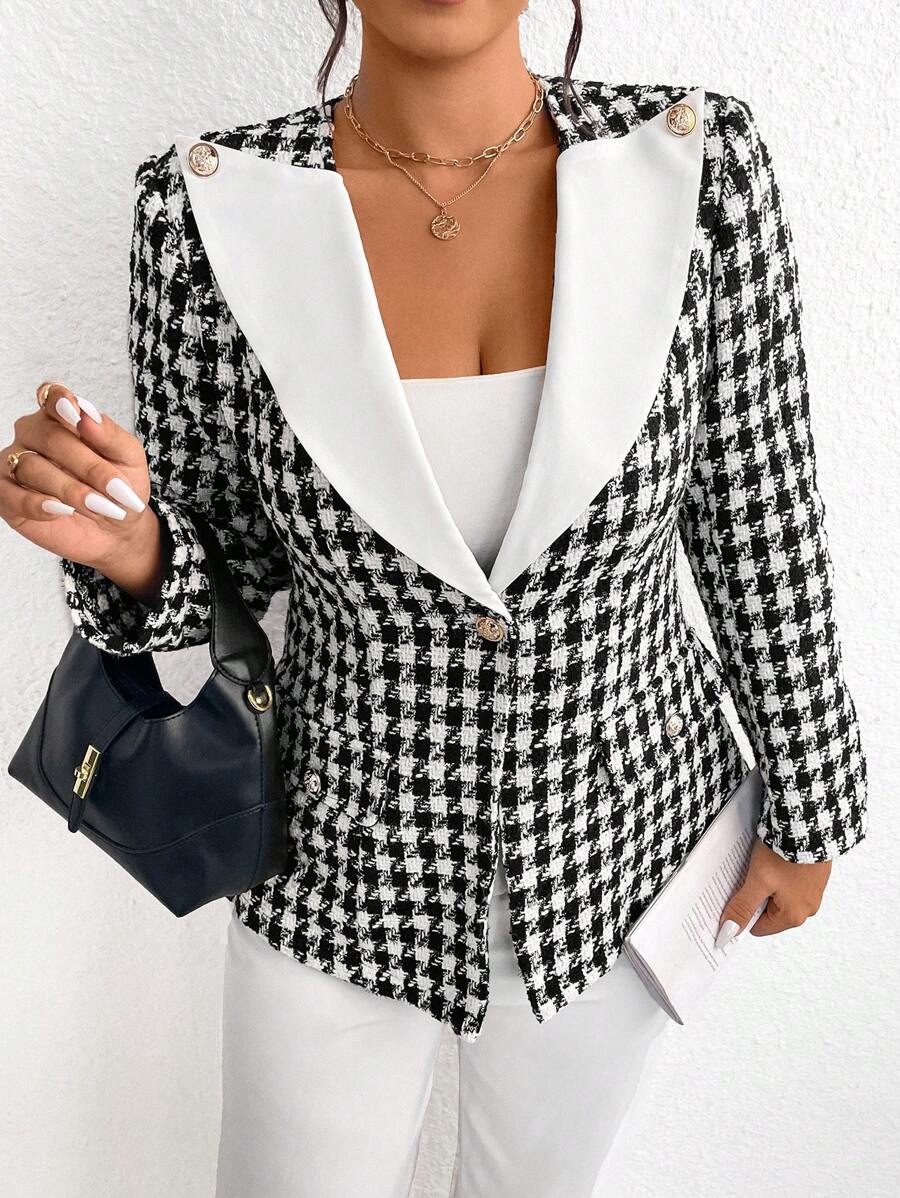 SHEIN Clasi 大码女式千鸟格撞色西装外套 - 黑與白 - 查看 1