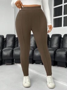 SHEIN Privé Plus Size Chocolate Brown Elegant Suede Thermal Lined Leggings,Summer Casual Gym Tight Pants,Autumn/Winter Workplace High-End Date Party Retro Style - Brown - View 6