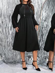 SHEIN Clasi Elegant Rhinestone Embellished High Neck Puff Sleeve A-Line Party Dress Maxi Women Outfit