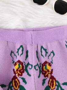 2pcs/Set Girls Floral Cardigan & Long Pants Suit, Retro Fashion Casual Knitted Set For Autumn/Winter - Mauve Purple - View 5