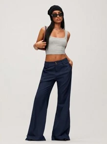SHEIN BASICS بنطلون نسائي كاجوال ذو لون أحادي منسوج بساق واسعة - أزرق بحري - مشاهدة 4