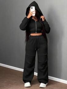 Slaydiva Conjunto de Moletom Feminino para Outono e Inverno, Novo, Casual, Esportivo, com Capuz, Manga Longa, Zíper, Cardigan + Calça de Perna Larga com Pregas em Ambos os Lados, Veludo Cinza Claro com Estampa Floral - Preto - Visão 3