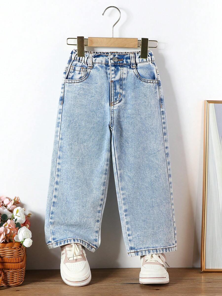 SHEIN Vintaside Kids Young Girl's复古百搭宽松舒适美拉德咖啡棕牛仔阔腿裤 - 淺色水洗藍 - 查看 1