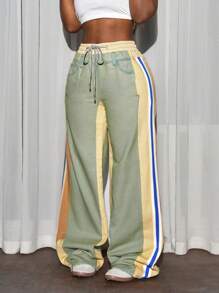 Slaydiva 女式纯色拼接前系带休闲牛仔裤