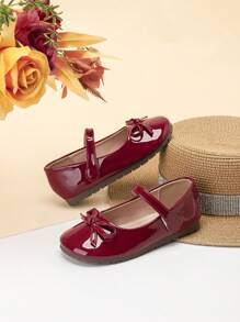 Girl's Cute Spring And Autumn Bow Decoration Princess Style Flat Shoes, Suitable For Children's Performances And Dancing Scenes - Burgundy - View 2