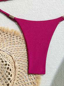 SHEIN Swim 2 件装 2025 女士纯色露背系带性感比基尼套装 适合海滩度假夏季 - 酒紅色 - 查看 4