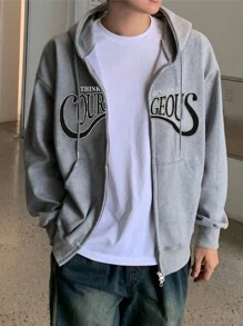 DAZY 男士秋季字母印花落肩长袖前拉链连帽运动衫，休闲 - 灰色 - 查看 1