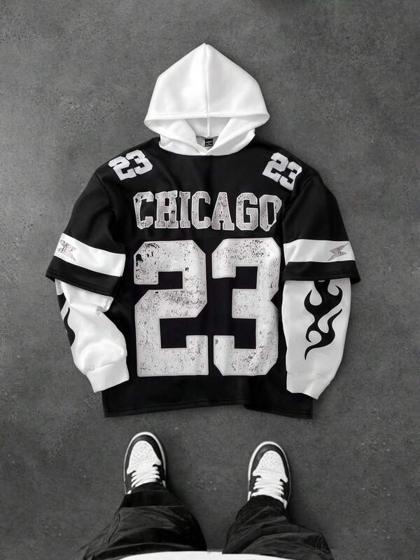 Manfinity Sporsity Men's Sporty Vintage Distressed Texture Oversized Number 23 Chicago Pattern Heat-Pressed Black And White Color-Block 2 In 1 Tennis Hoodie ,Jersey Hoodie , Fall And Winter Men Hoodies, Rapper Hoodies