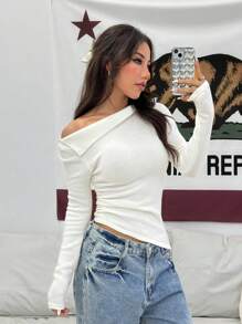 Flirla 1 قطعة كنزة صوفية نسائية بتصميم بسيط غير متماثل للكتف ضيقة الملائمة، مناسبة لتصوير الصور والمناسبات غير الرسمية والتجمعات، كنزة صوفية محبوكة للخريف والشتاء - أبيض - مشاهدة 6