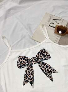SHEIN Leap Crew 2pcs Teen Girl Casual Bowknot Cami Top & Leopard Print Shorts Pajama Set, Comfortable & Flame Retardant, Suitable For Valentine's Day, Cute Clothes - Multicolor - View 3