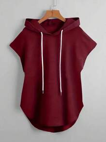 INAWLY 大码休闲纯色抽绳连帽衫 - 紅色 - 查看 1