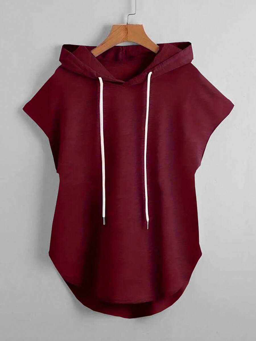 INAWLY 大码休闲纯色抽绳连帽衫 - 紅色 - 查看 1
