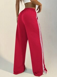 Women's Casual Striped Front Tie Sports Sweatpants, Autumn For New Year Clothes - Red - View 2