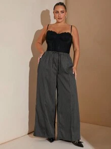 SHEIN BAE 大码秋季优雅外出性感女式蓝白条纹低腰抽绳宽松直筒阔腿裤连衣裙裤教师裤工作裤优雅女装大码工作裤女士长裤休闲裤大码大码裤子秋季穿搭大码裤子曲线裤Y2K裤子秋冬曲线阔腿裤女式办公室服装女式曲线秋季商务休闲女式工作服女式曲线