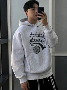 DAZY Men's Letter Print Pocket Casual Hoodie, Minimalist Design Fall,Winter - Grey - View 2