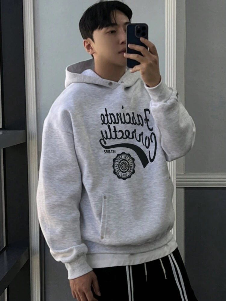 Men's Letter Print Pocket Casual Hoodie, Minimalist Design Fall,Winter