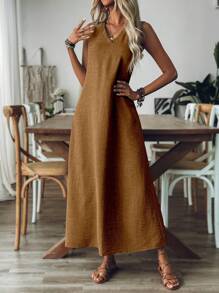Breezaya Vestido casual de unicolor sin mangas, elegante para uso diario, vestido largo para mujer - Marrón - Ver 4