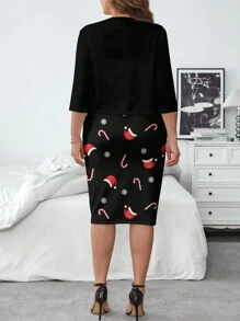 SHEIN Clasi 2 件套：休闲纯色夹克和圣诞印花连衣裙，适合秋冬季 - 彩色 - 查看 2