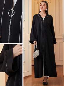 Al Najma Áo Abaya tay dài cánh dơi viền tương phản thường ngày cho nữ, mùa thu, áo Abaya hở lưng giản dị, thường ngày/dự tiệc - màu đen - Xem 1