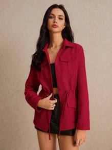 Poéselle Women's Casual Solid Color Drawstring Waist Jacket, Autumn