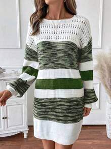 SHEIN LUNE Women's Autumn/Winter Striped Round Neck Drop Shoulder Long Sleeve Hollow Out Casual Sweater Dress Fall Cloth For Women - Multicolor - View 3